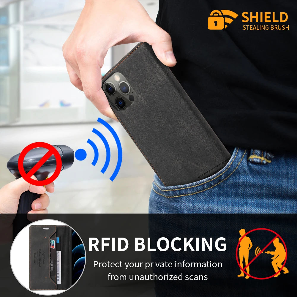 Leather RFID Blocking Flip Case For iPhone